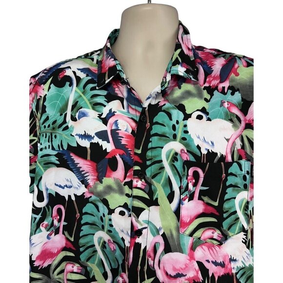 Molokai Surf Co Men Black Pink Flamingo Hawaiian Button Up Camp Shirt XL Pocket - Picture 4 of 9